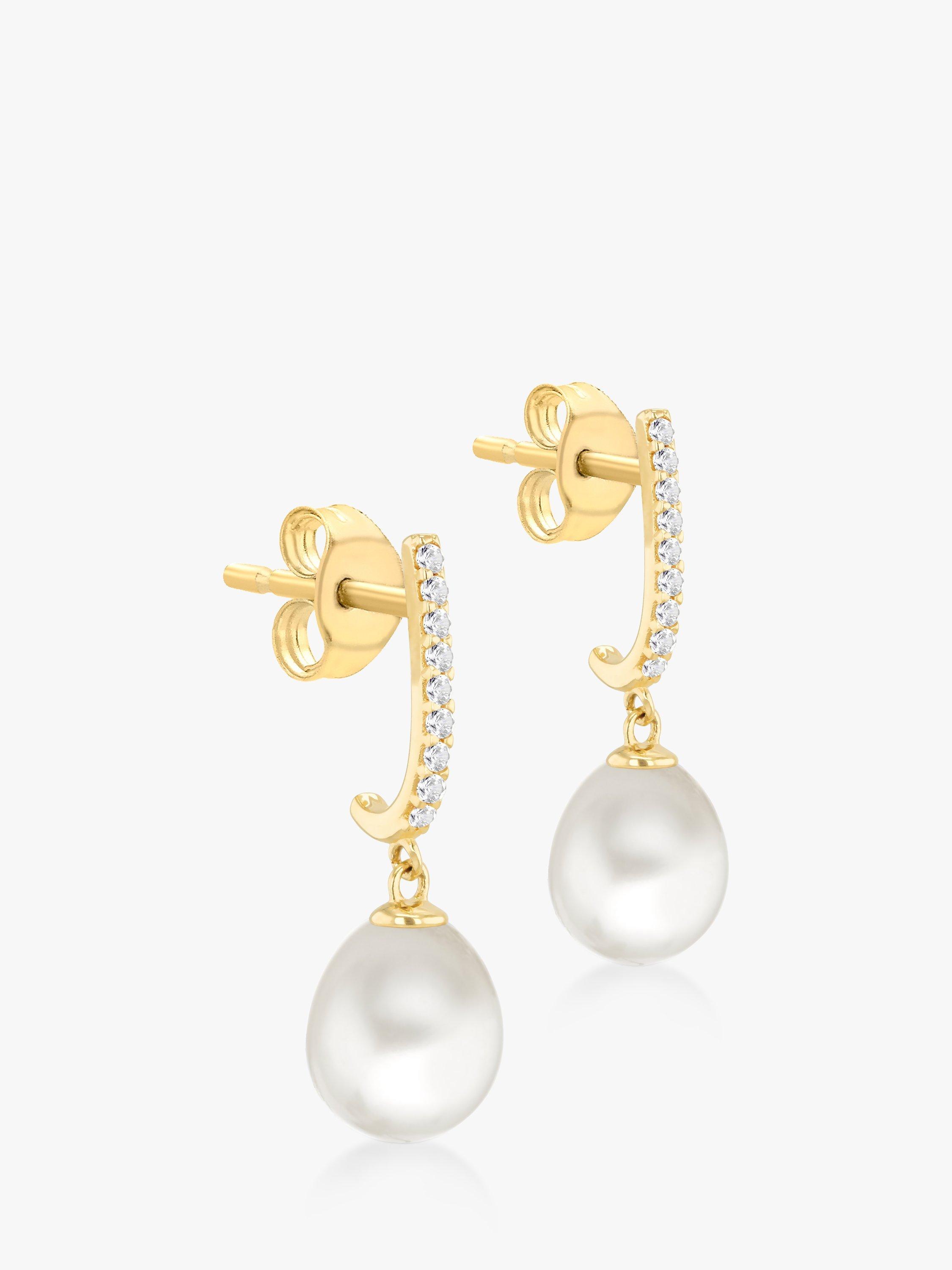 Product image 1 of 4, which shows IBB 9ct Gold Pearl & Cubic Zirconia Drop Earrings, Gold