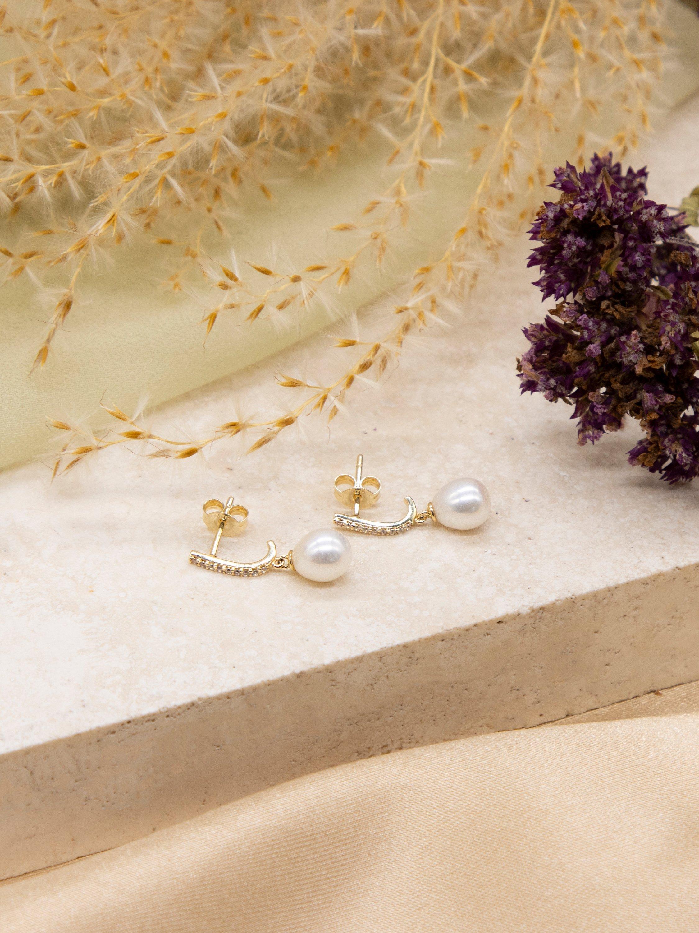 Product image 3 of 4, which shows IBB 9ct Gold Pearl & Cubic Zirconia Drop Earrings, Gold