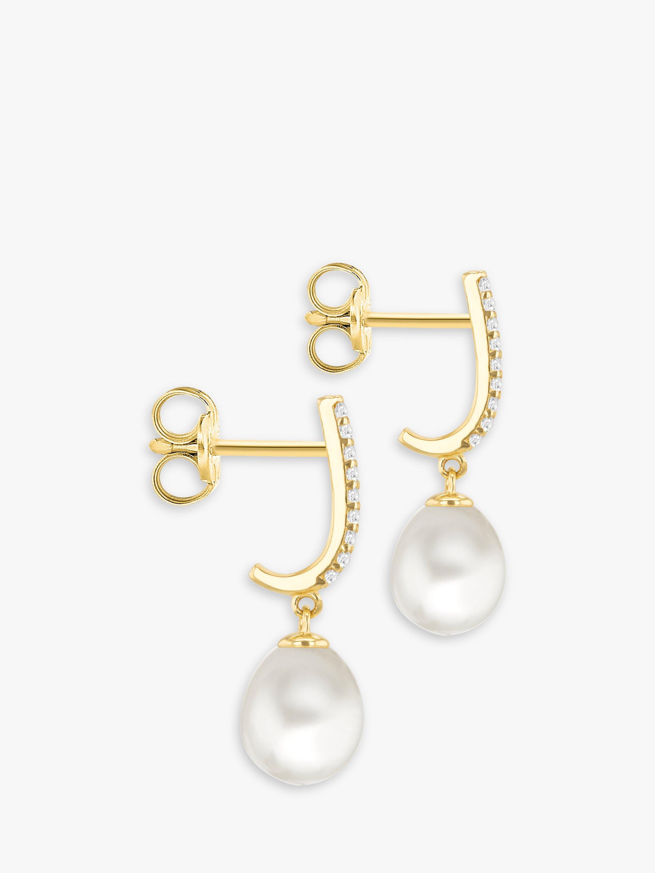Product image 4 of 4, which shows IBB 9ct Gold Pearl & Cubic Zirconia Drop Earrings, Gold