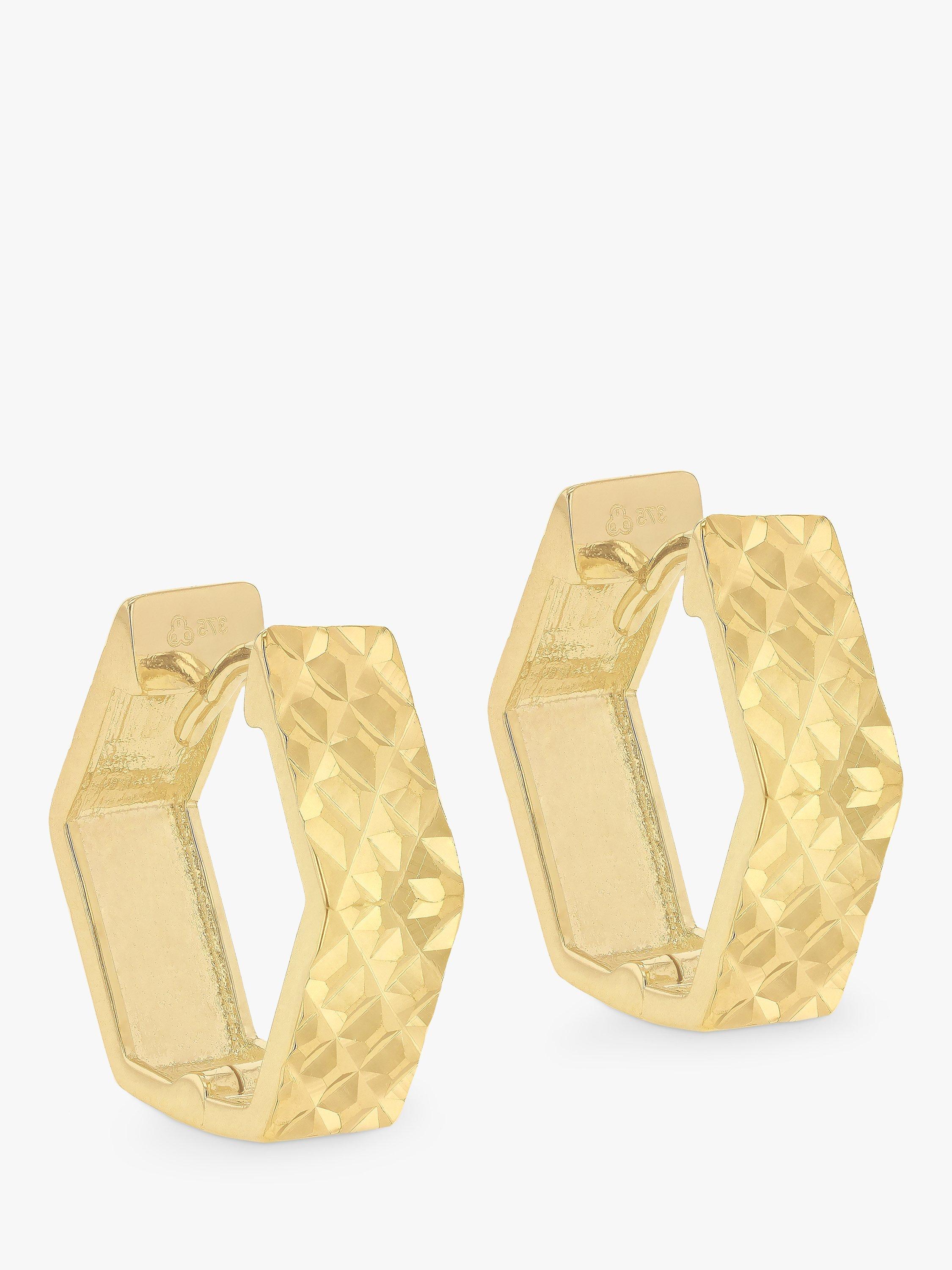 Product image 1 of 4, which shows IBB 9ct Gold Hexognal Textured Hoop Earrings, Gold