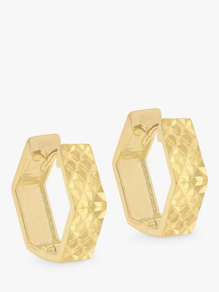 IBB 9ct Gold Hexognal Textured Hoop Earrings, Gold, Gold