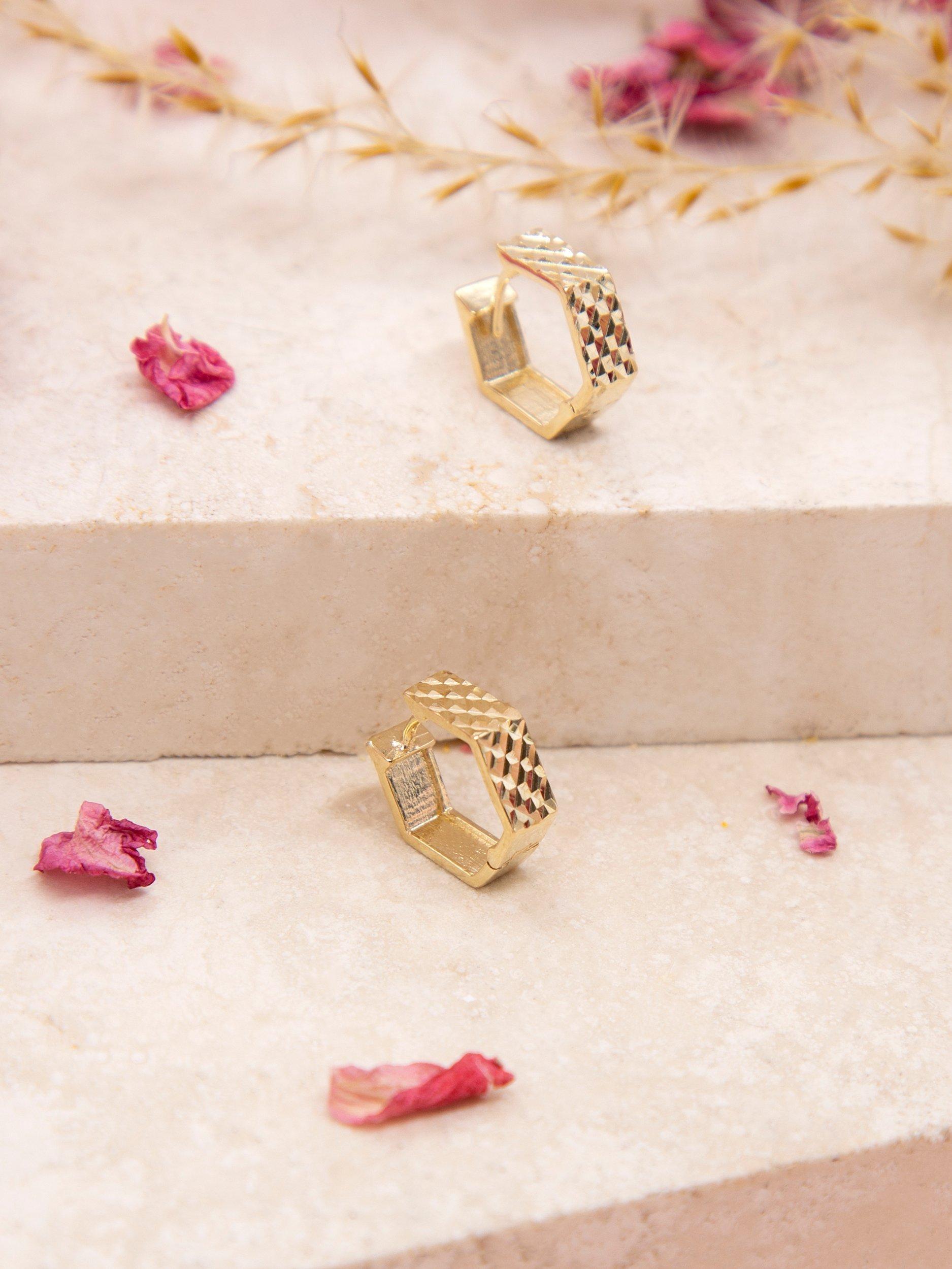 Product image 3 of 4, which shows IBB 9ct Gold Hexognal Textured Hoop Earrings, Gold