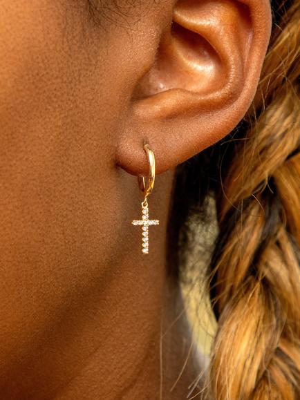 IBB 9ct Yellow Gold Cubic Zirconia Cross Drop Earrings, Gold - view 2, Gold