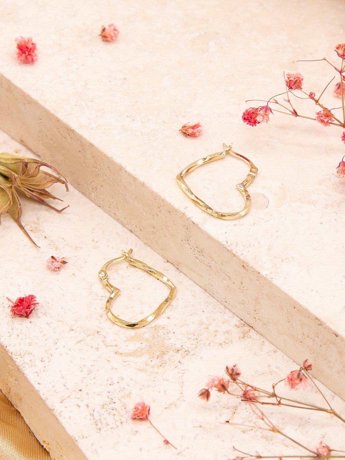 Product image 3 of 4, which shows IBB 9ct Gold Textured Heart Hoop Earrings, Gold