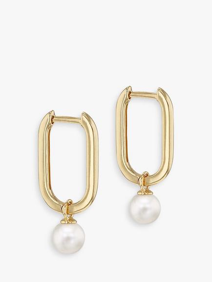 IBB 9ct Gold Freshwater Pearl Drop Medium Rectangular Hoop Earrings, Gold, Gold