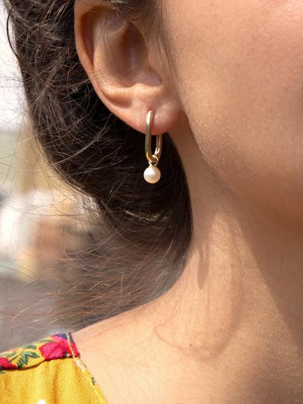IBB 9ct Gold Freshwater Pearl Drop Medium Rectangular Hoop Earrings, Gold - view 2, Gold
