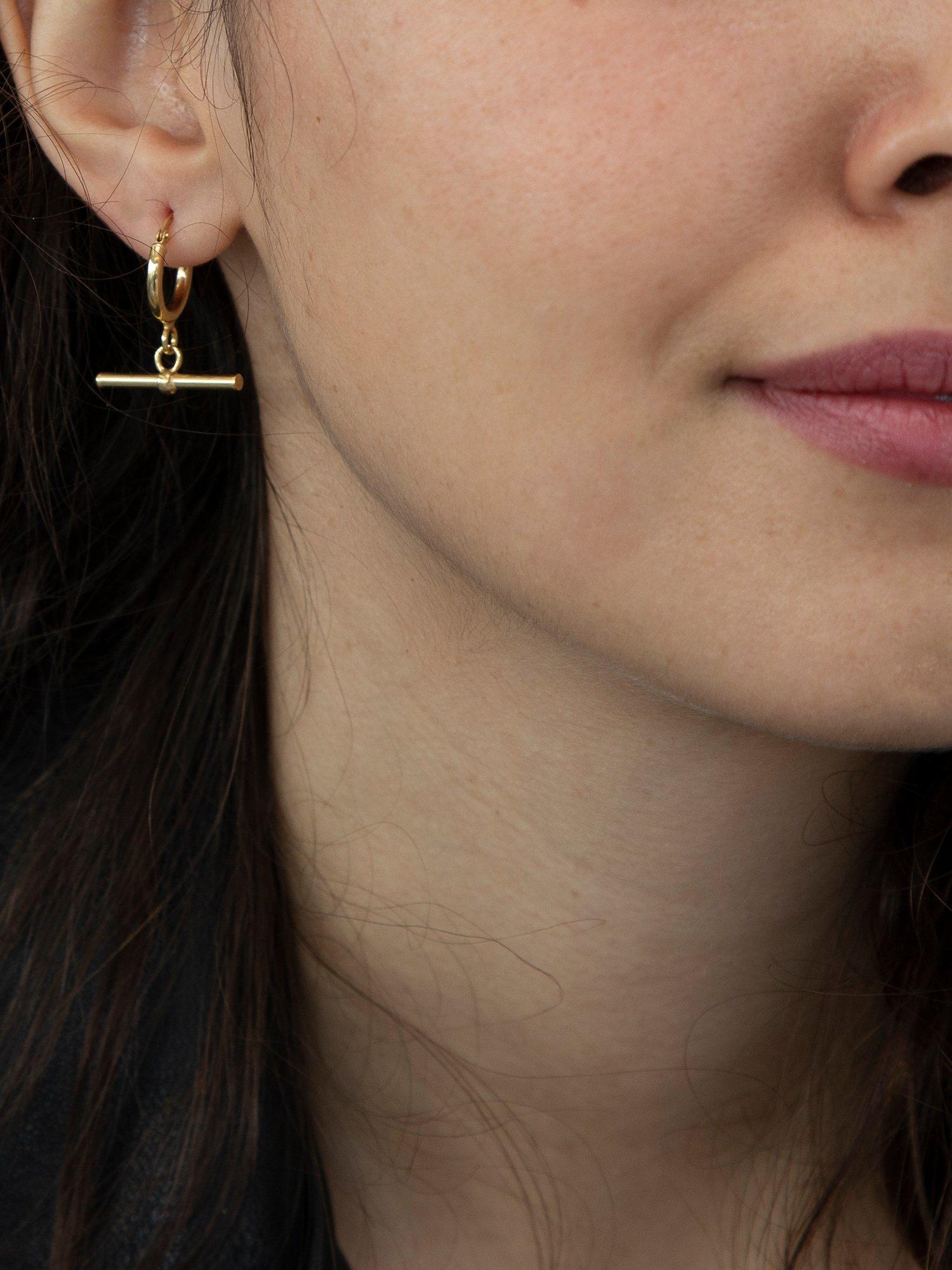 Product image 2 of 4, which shows IBB 9ct Gold Creole T-Bar Hoop Earrings, Gold