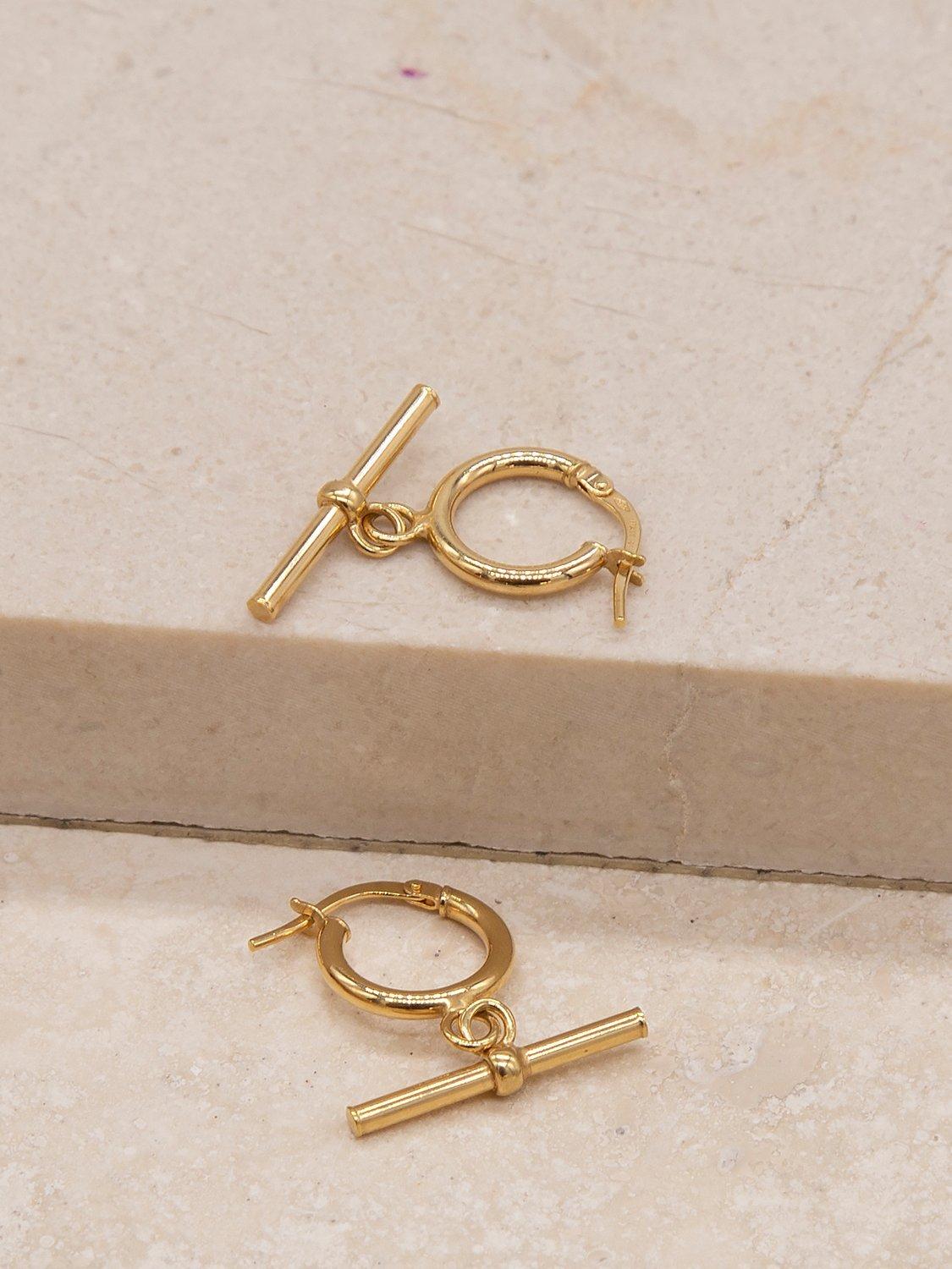Product image 3 of 4, which shows IBB 9ct Gold Creole T-Bar Hoop Earrings, Gold
