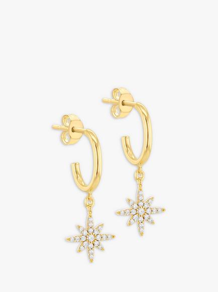 IBB 9ct Gold Cubic Zirconia North Star Drop Hoop Earrings, Gold, Gold