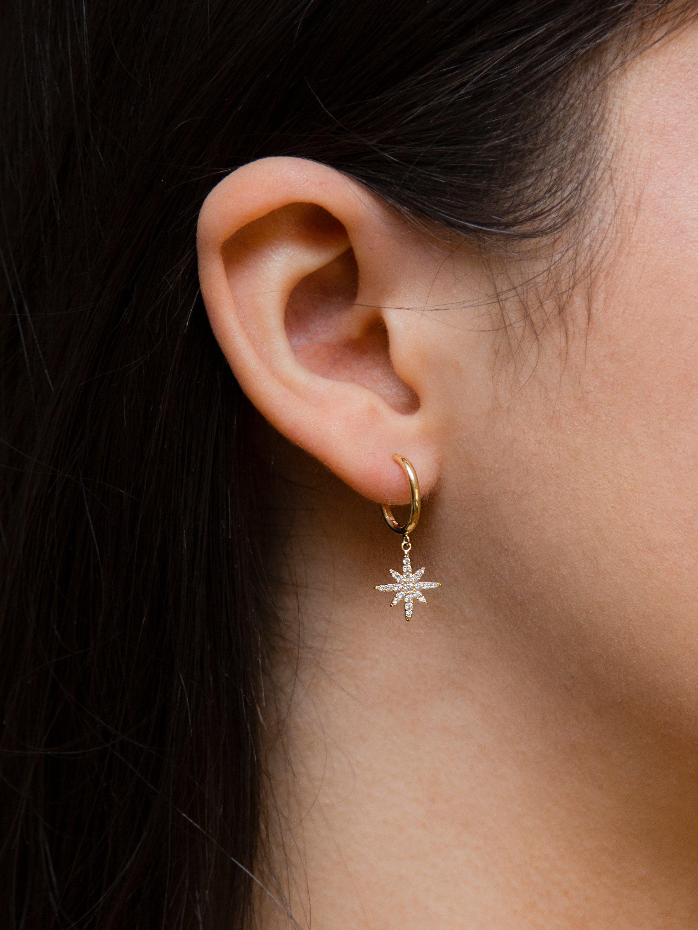 Product image 2 of 4, which shows IBB 9ct Gold Cubic Zirconia North Star Drop Hoop Earrings, Gold