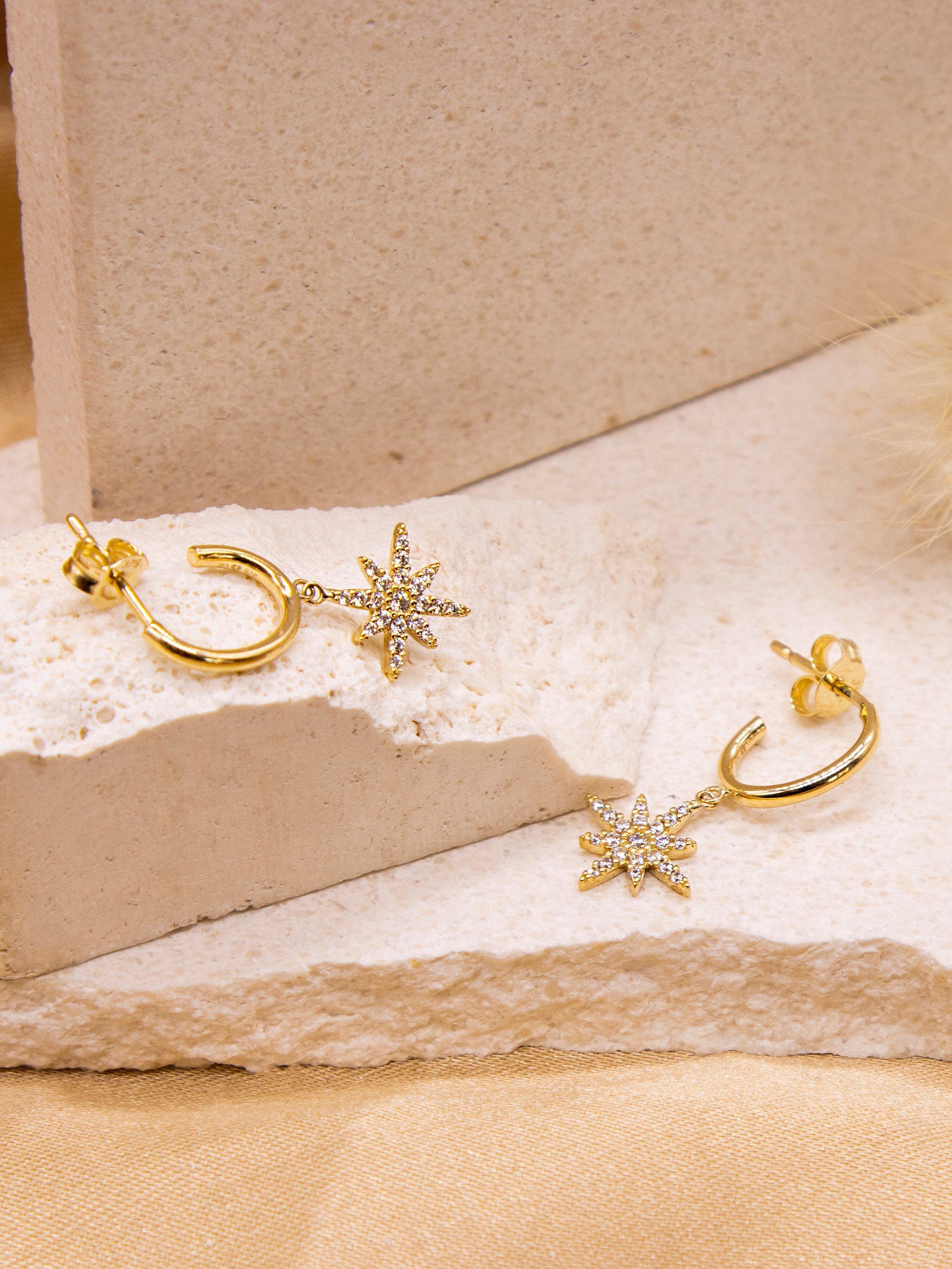 Product image 3 of 4, which shows IBB 9ct Gold Cubic Zirconia North Star Drop Hoop Earrings, Gold