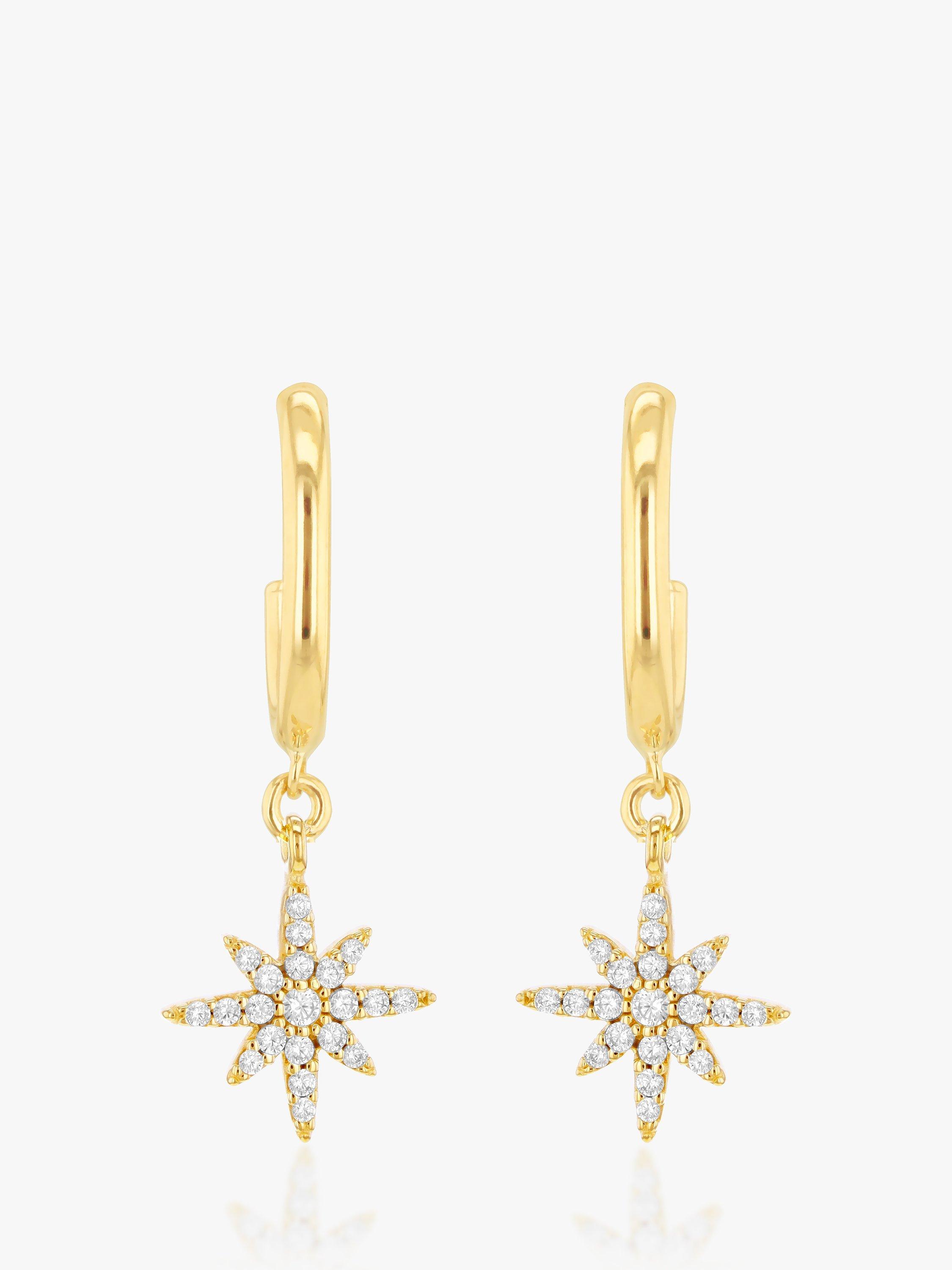 Product image 4 of 4, which shows IBB 9ct Gold Cubic Zirconia North Star Drop Hoop Earrings, Gold