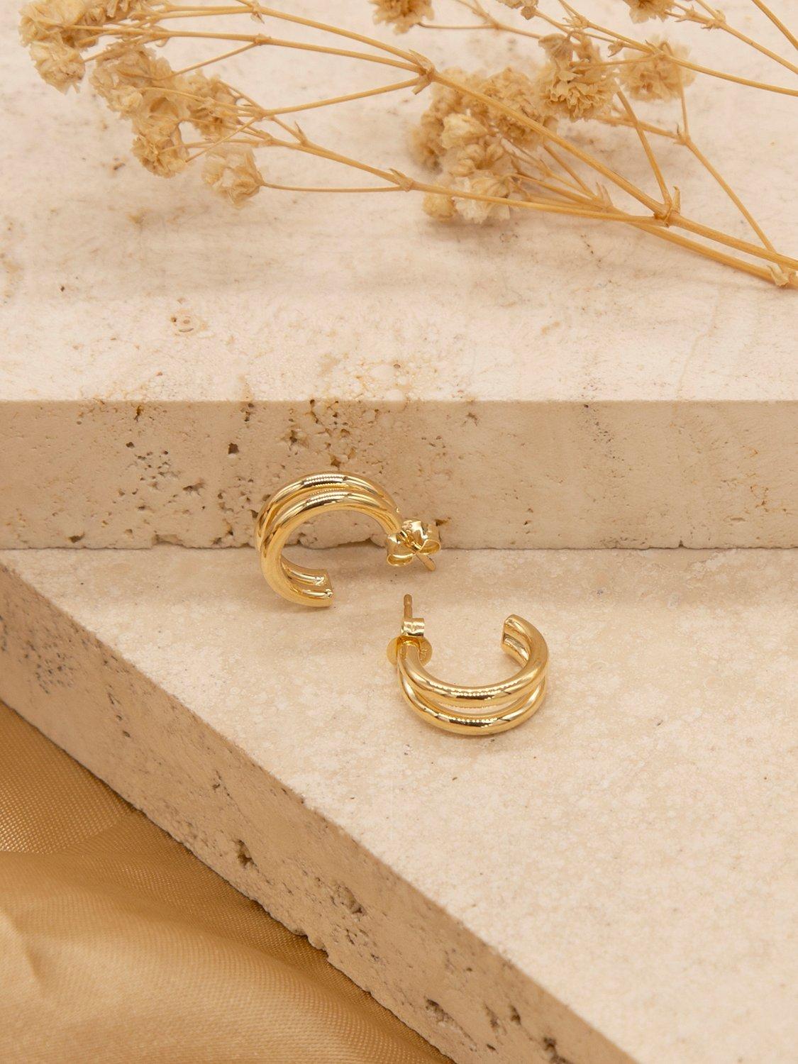 Product image 3 of 4, which shows IBB 9ct Gold Double Half Hoop Earrings, Gold