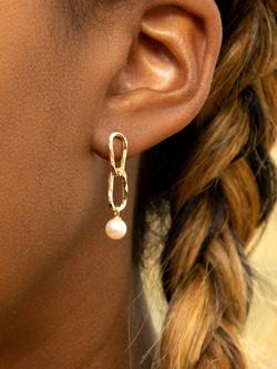 IBB 9ct Yellow Gold Freshwater Pearl Double Link Drop Earrings, Gold - view 2, Gold