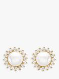 IBB 9ct Gold Freshwater Pearl and Cubic Zirconia Round Stud Earrings, Gold/White
