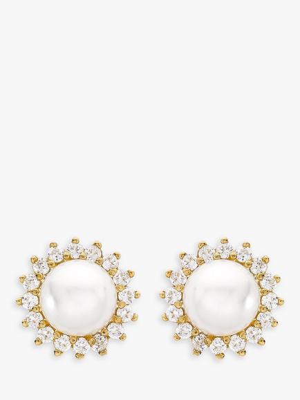 IBB 9ct Gold Freshwater Pearl and Cubic Zirconia Round Stud Earrings, Gold/White, Gold