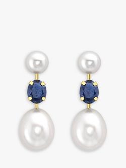 IBB 9ct Gold Double Pearl & Sapphire Drop Earrings, Gold, Gold