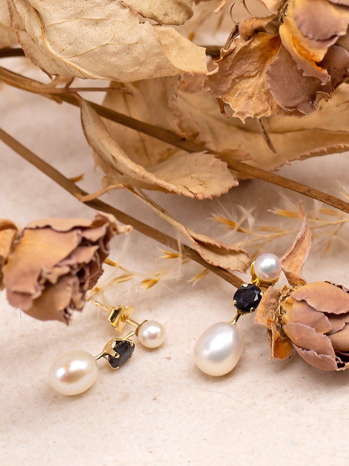 IBB 9ct Gold Double Pearl & Sapphire Drop Earrings, Gold
