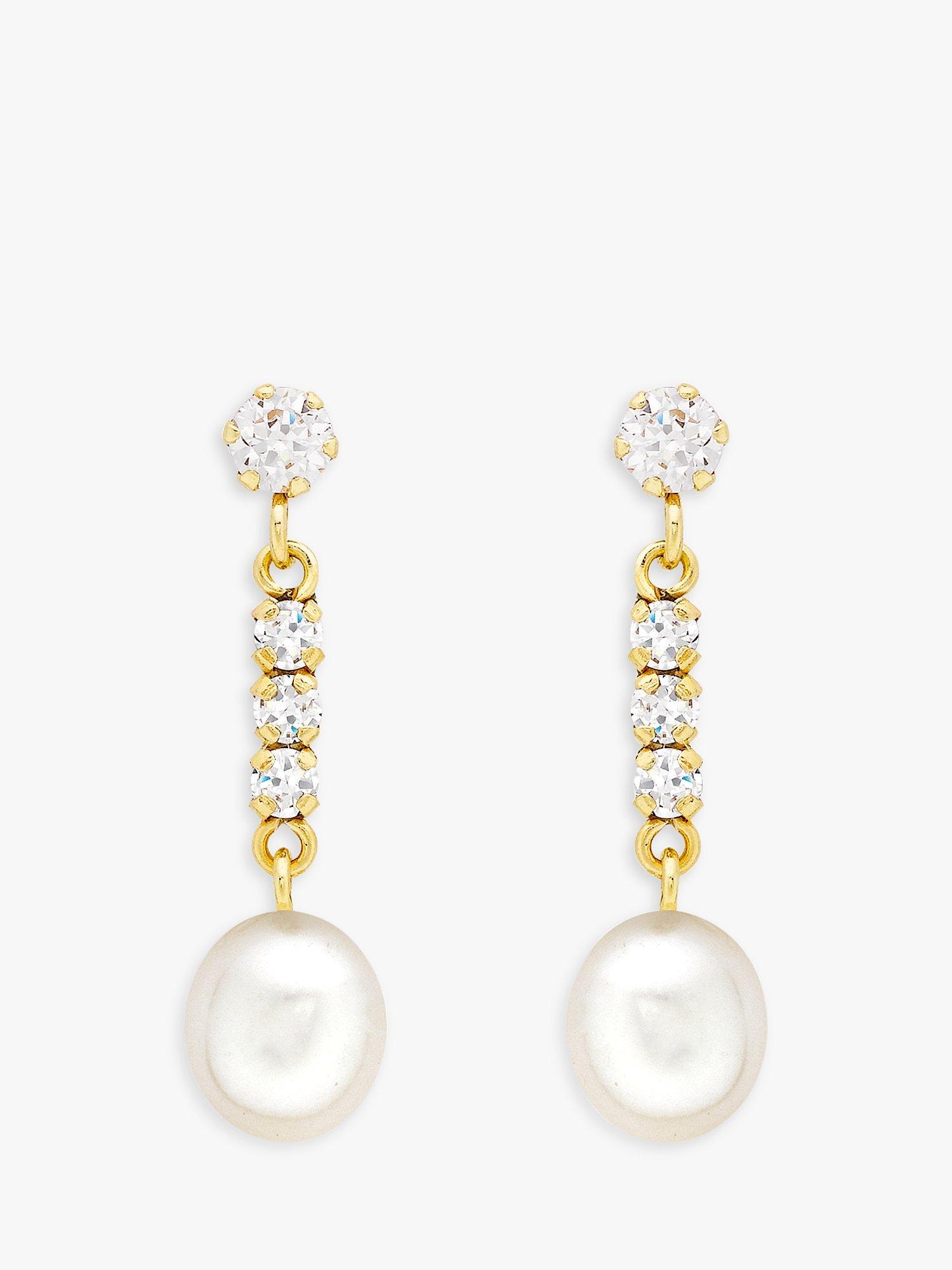 IBB 9ct Freshwater Pearl and Cubic Zirconia Bar Drop Earrings, Gold