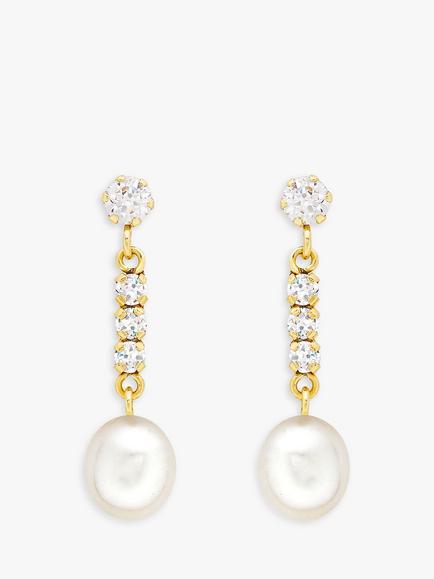 IBB 9ct Freshwater Pearl and Cubic Zirconia Bar Drop Earrings, Gold, Gold
