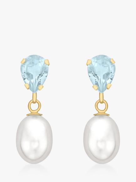 IBB 9ct Gold Pearl & Blue Topaz Drop Earrings, Gold, Gold