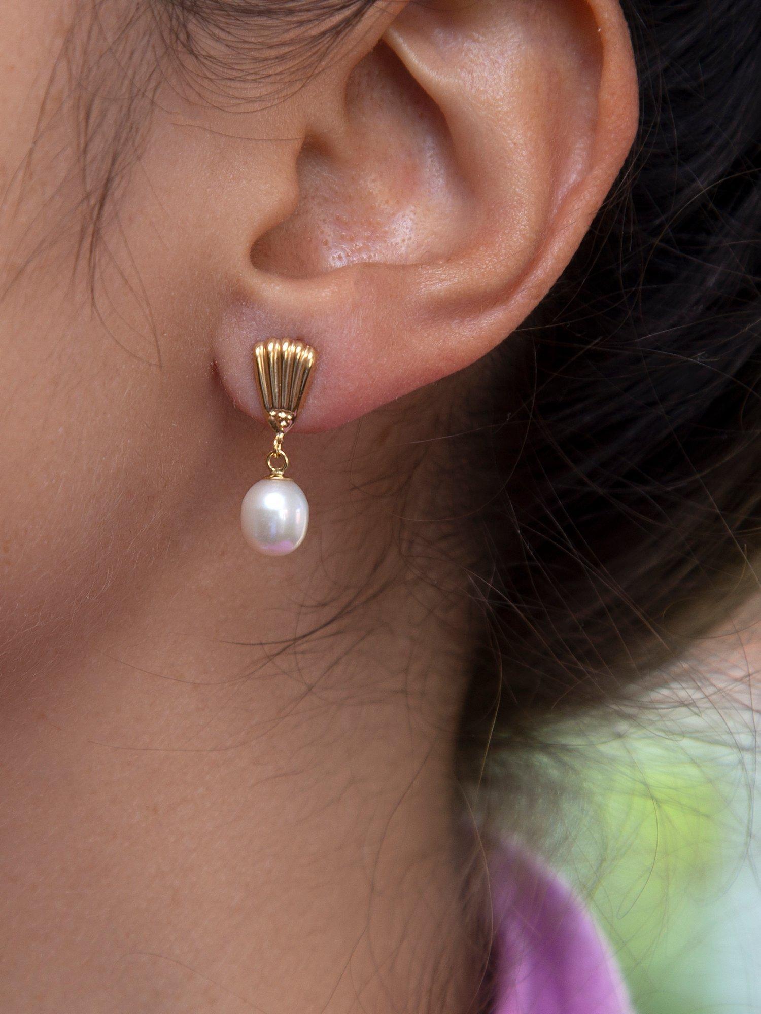 Product image 2 of 4, which shows IBB 9ct Yellow Gold Freshwater Pearl Shell Drop Earrings, Gold