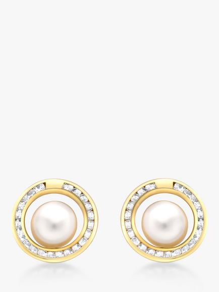 IBB 9ct Freshwater Pearl and Cubic Zirconia Round Stud Earrings, Gold, Gold
