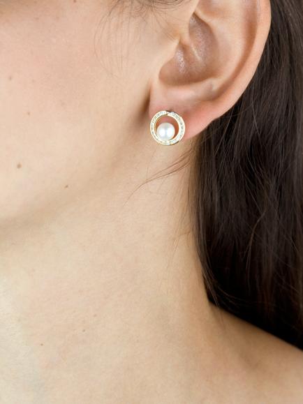IBB 9ct Freshwater Pearl and Cubic Zirconia Round Stud Earrings, Gold - view 2, Gold