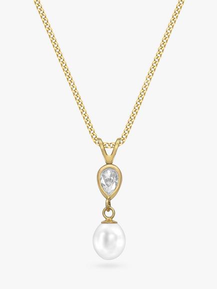 IBB 9ct Gold Pearl & Teardrop Cubic Zirconia Pendant Necklace, Gold, Gold