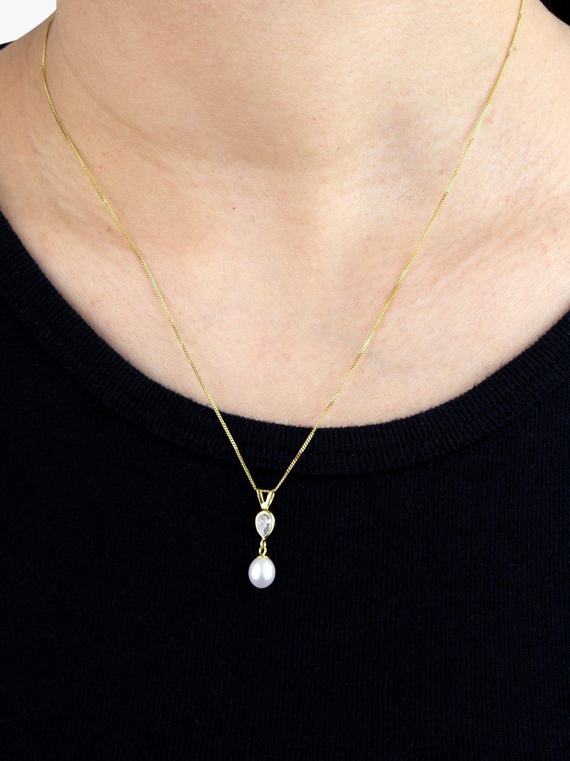 Product image 2 of 3, which shows IBB 9ct Gold Pearl & Teardrop Cubic Zirconia Pendant Necklace, Gold