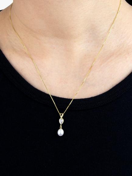 IBB 9ct Gold Pearl & Teardrop Cubic Zirconia Pendant Necklace, Gold - view 2, Gold