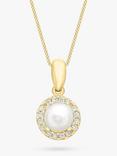 IBB 9ct Gold Freshwater Pearl & Cubic Zirconia Disc Pendant Necklace, Gold