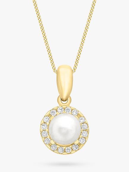 IBB 9ct Gold Freshwater Pearl & Cubic Zirconia Disc Pendant Necklace, Gold, Gold