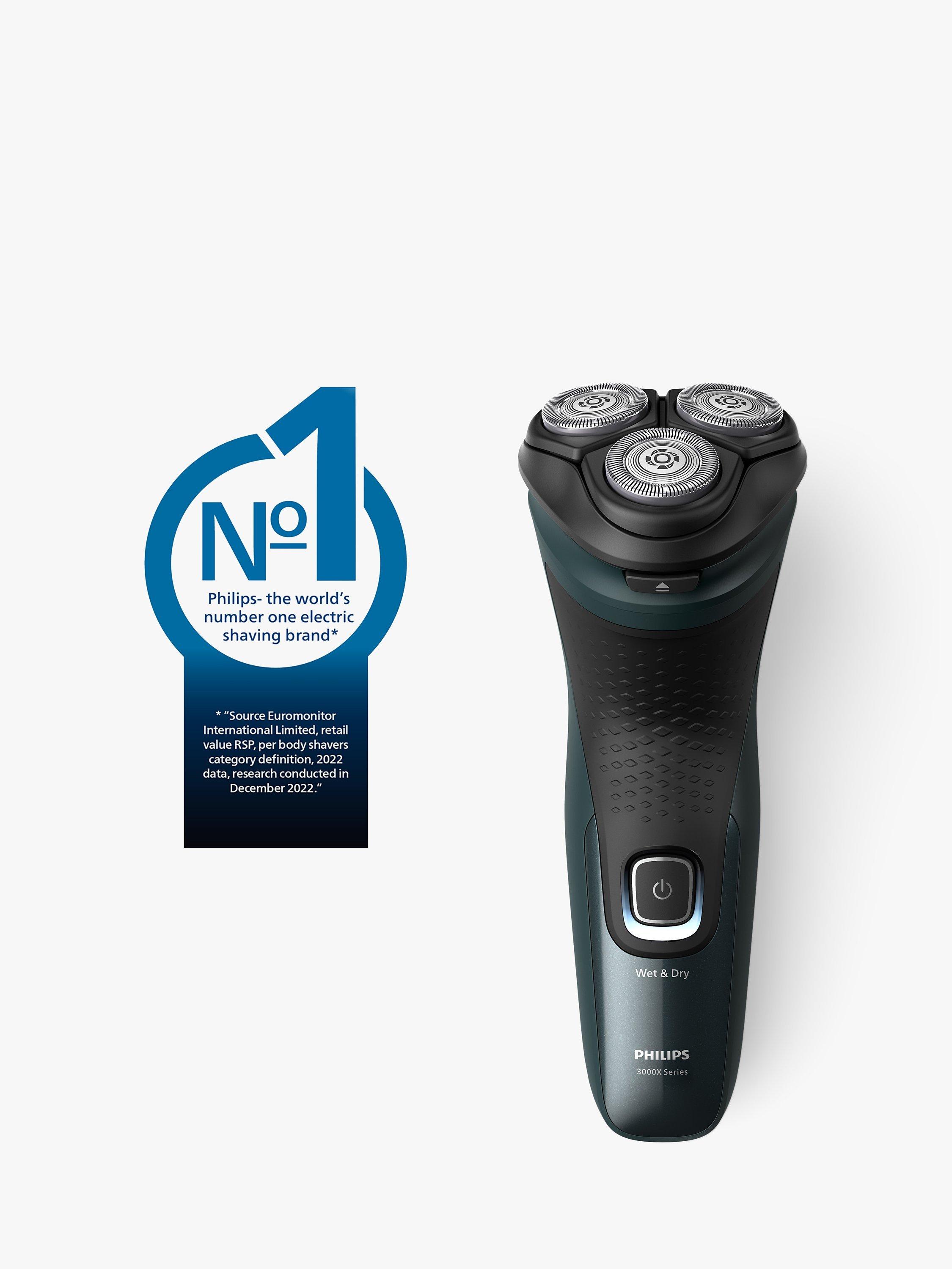 Product image 2 of 12, which shows Philips Series 3000X X3052/00 Wet & Dry Electric Shaver with 27 PowerCut Blades, 4D Flex Heads & Pop-up Trimmer, Dark Green Forest