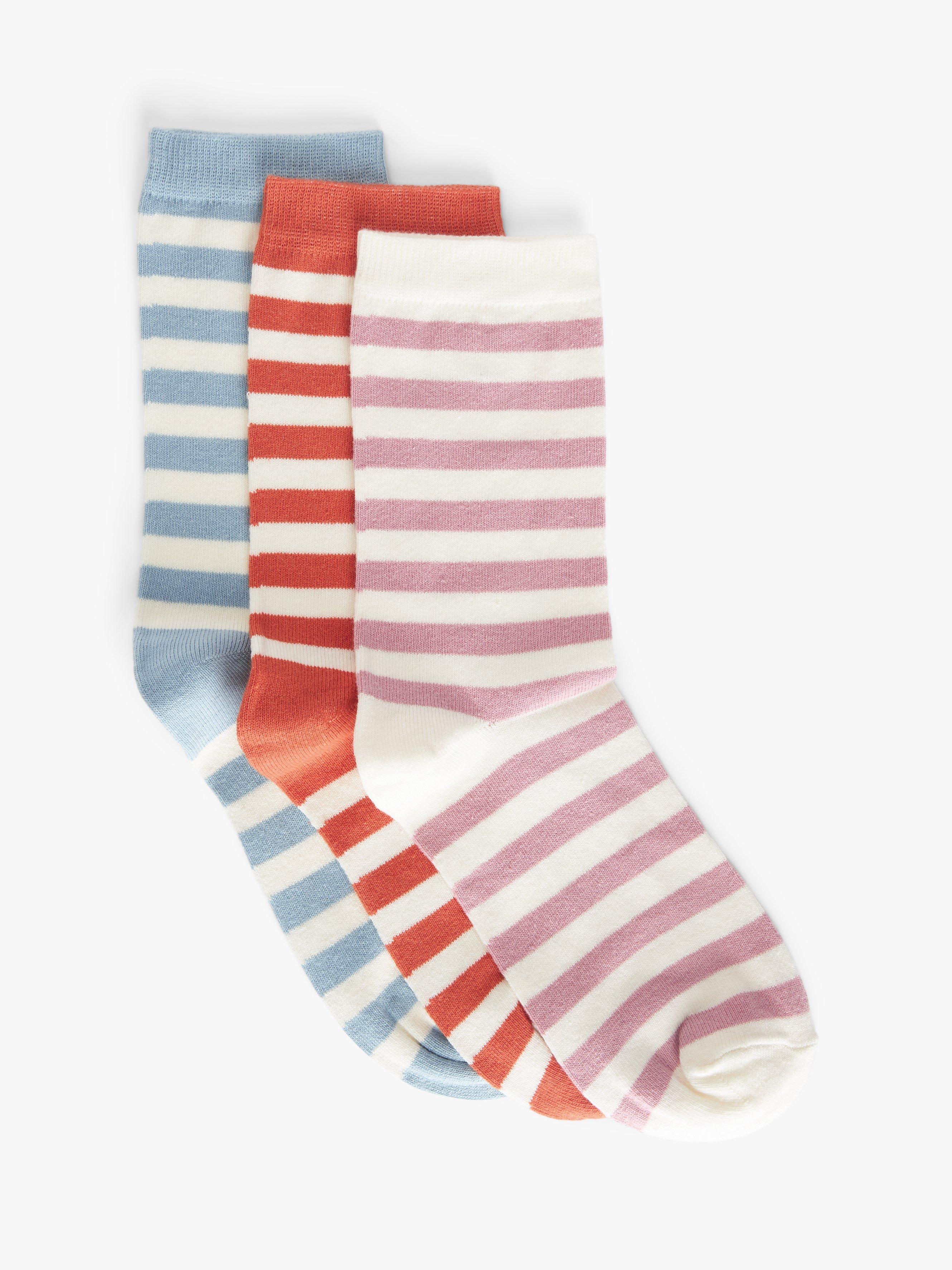 Product image 1 of 2, which shows John Lewis Stripe Organic Cotton Mix Ankle Socks, Pack of 3, Blue/Red/Pink