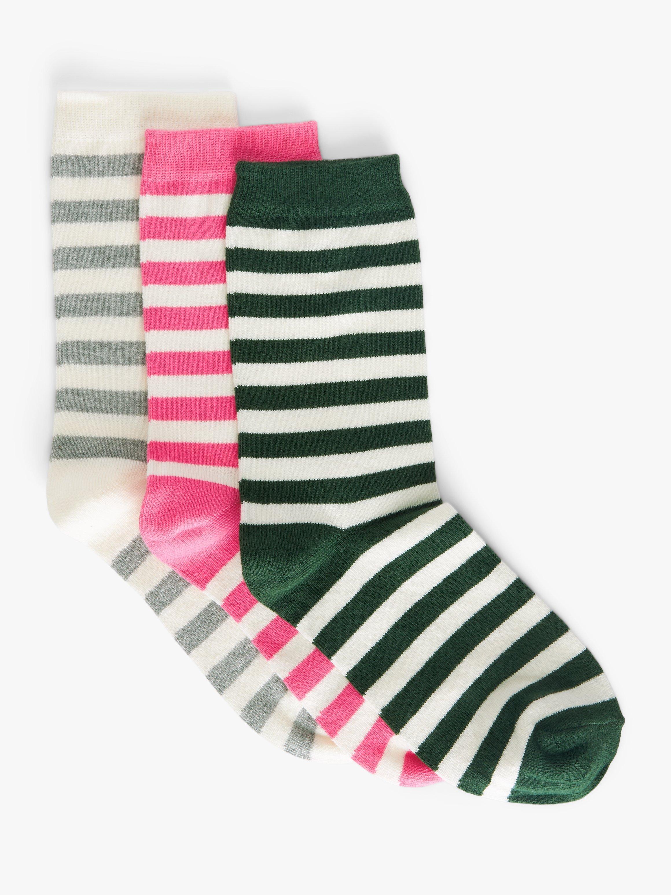 Product image 1 of 2, which shows John Lewis Stripe Organic Cotton Mix Ankle Socks, Pack of 3, Grey/Pink/Green