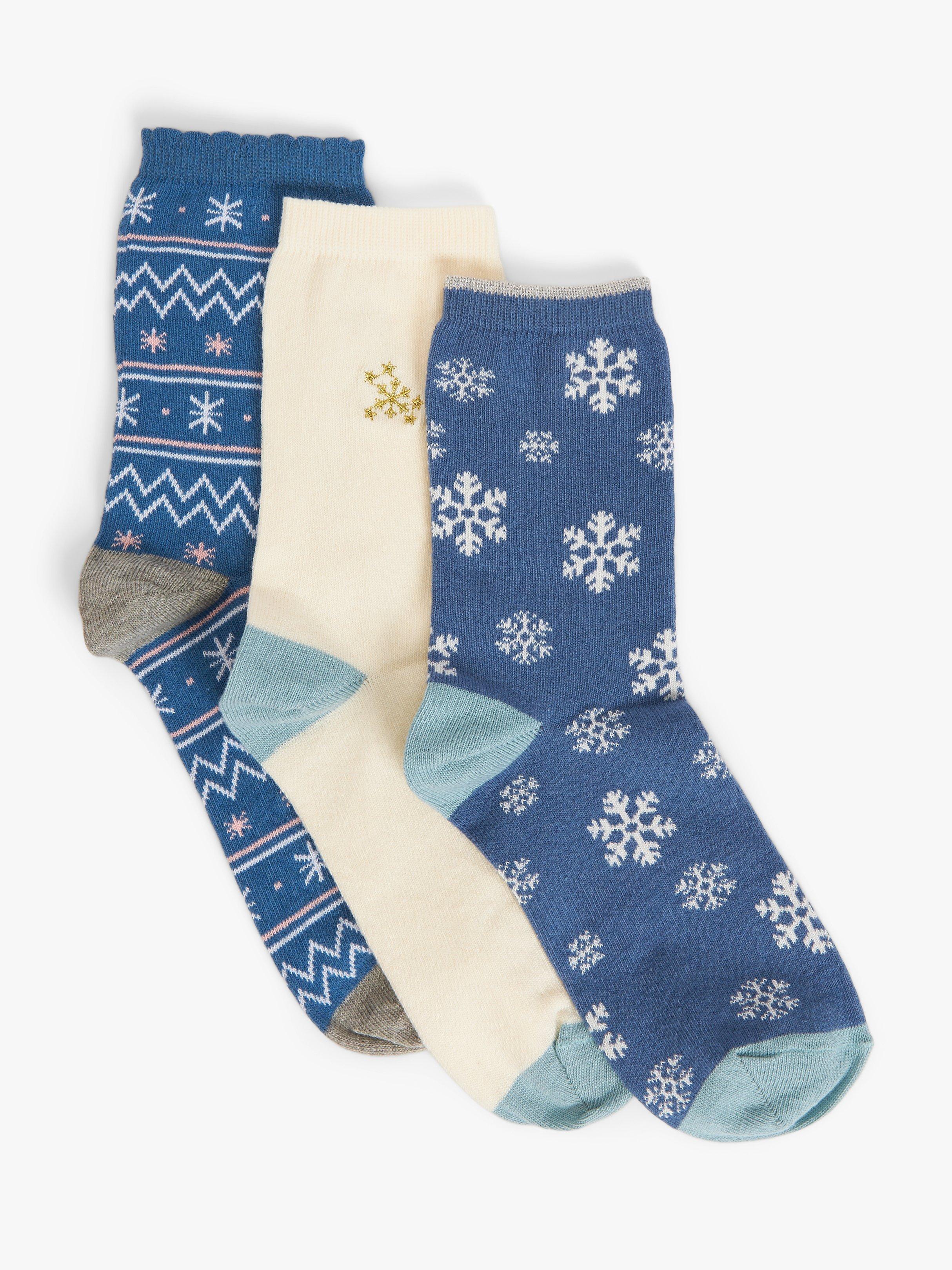 John Lewis Snowflake Organic Cotton Mix Ankle Socks, Pack of 3, Blue/White