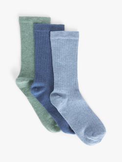 John Lewis Ribbed Organic Cotton Blend Ankle Socks, Pack of 3, Blue/Green