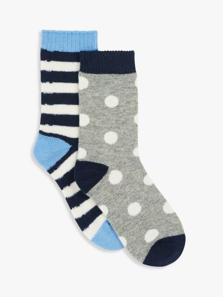 John Lewis Cosy Stripe & Spot Wool Blend Socks, Pack of 2, Blue/Multi