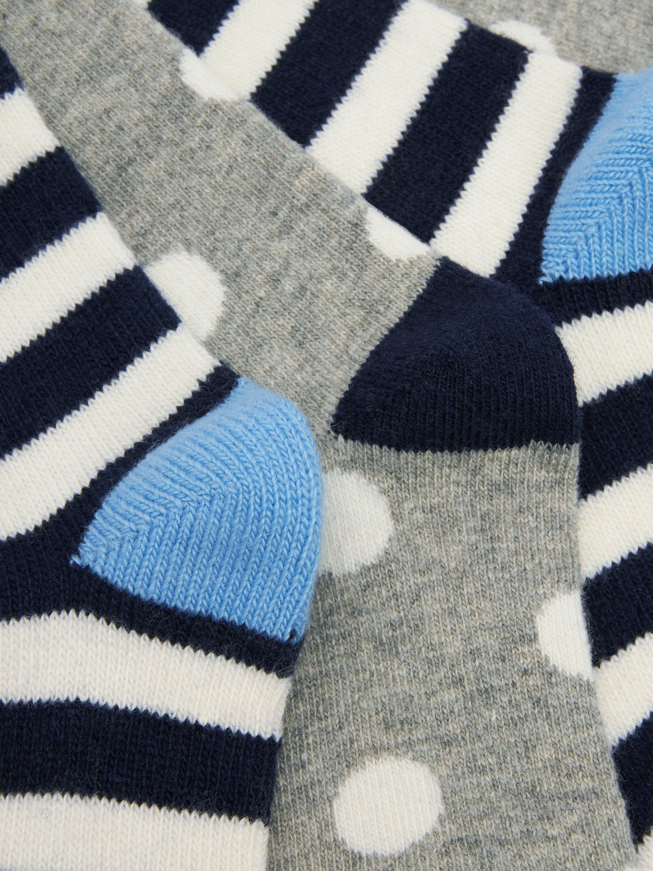 Product image 2 of 2, which shows John Lewis Cosy Stripe & Spot Wool Blend Socks, Pack of 2, Blue/Multi