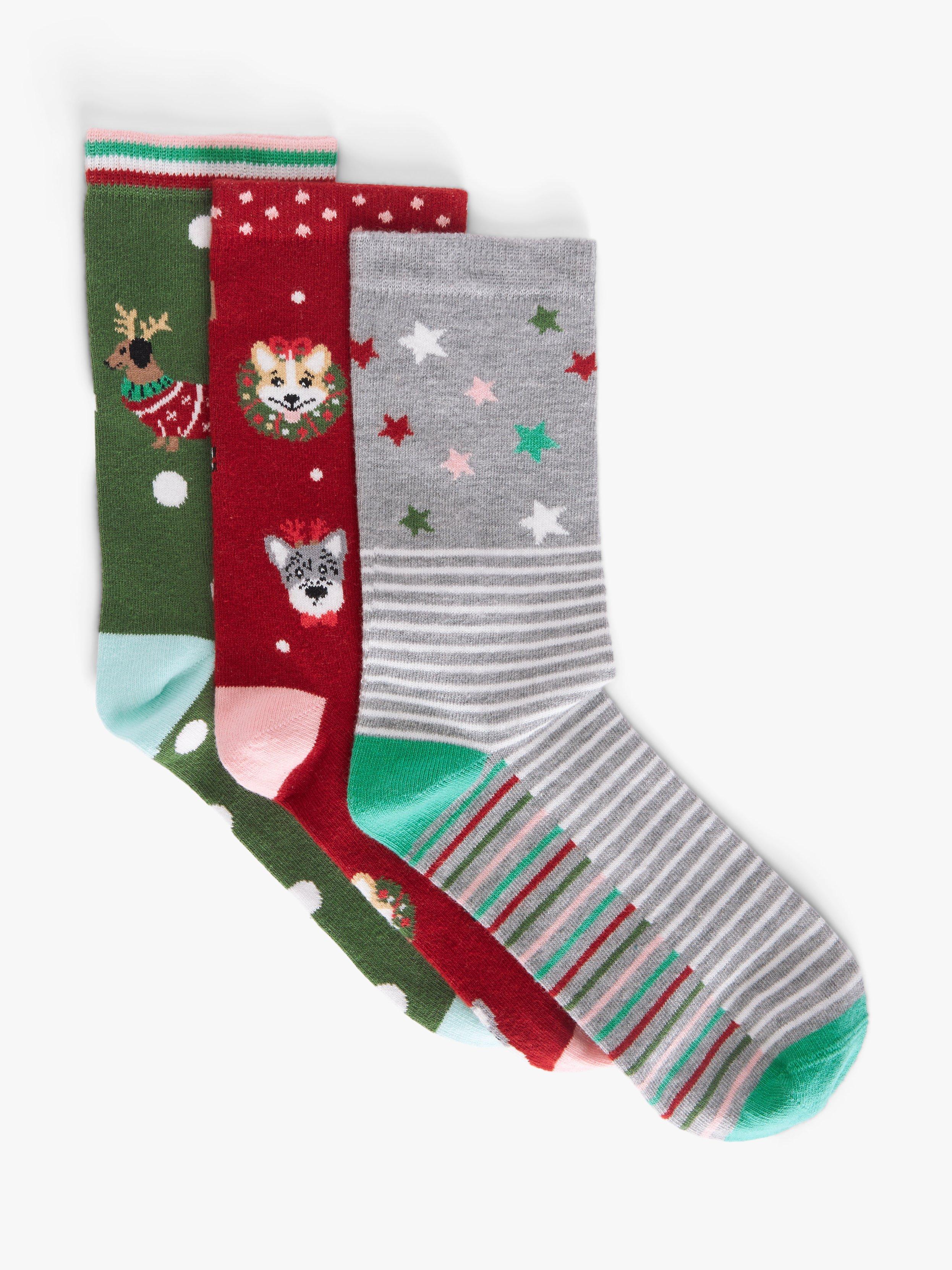 John Lewis Christmas Dogs Organic Cotton Mix Ankle Socks, Pack of 3, Multi