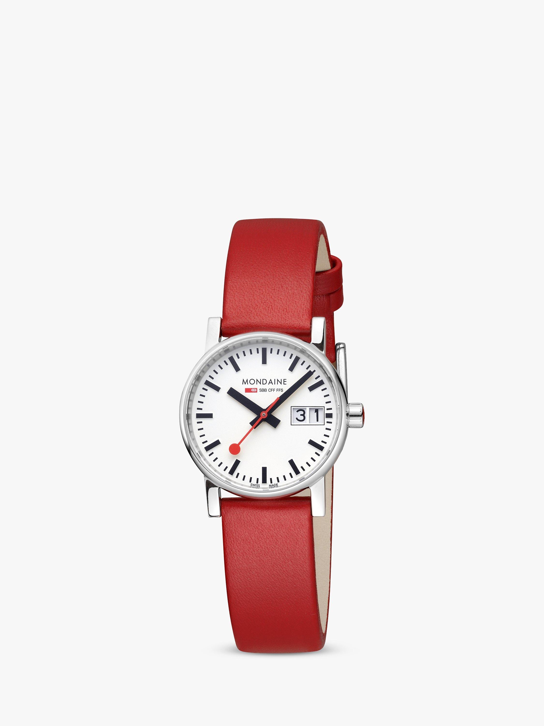 Product image 1 of 10, which shows Mondaine Women's Evo 2 Date Vegan Leather Strap Watch, Red