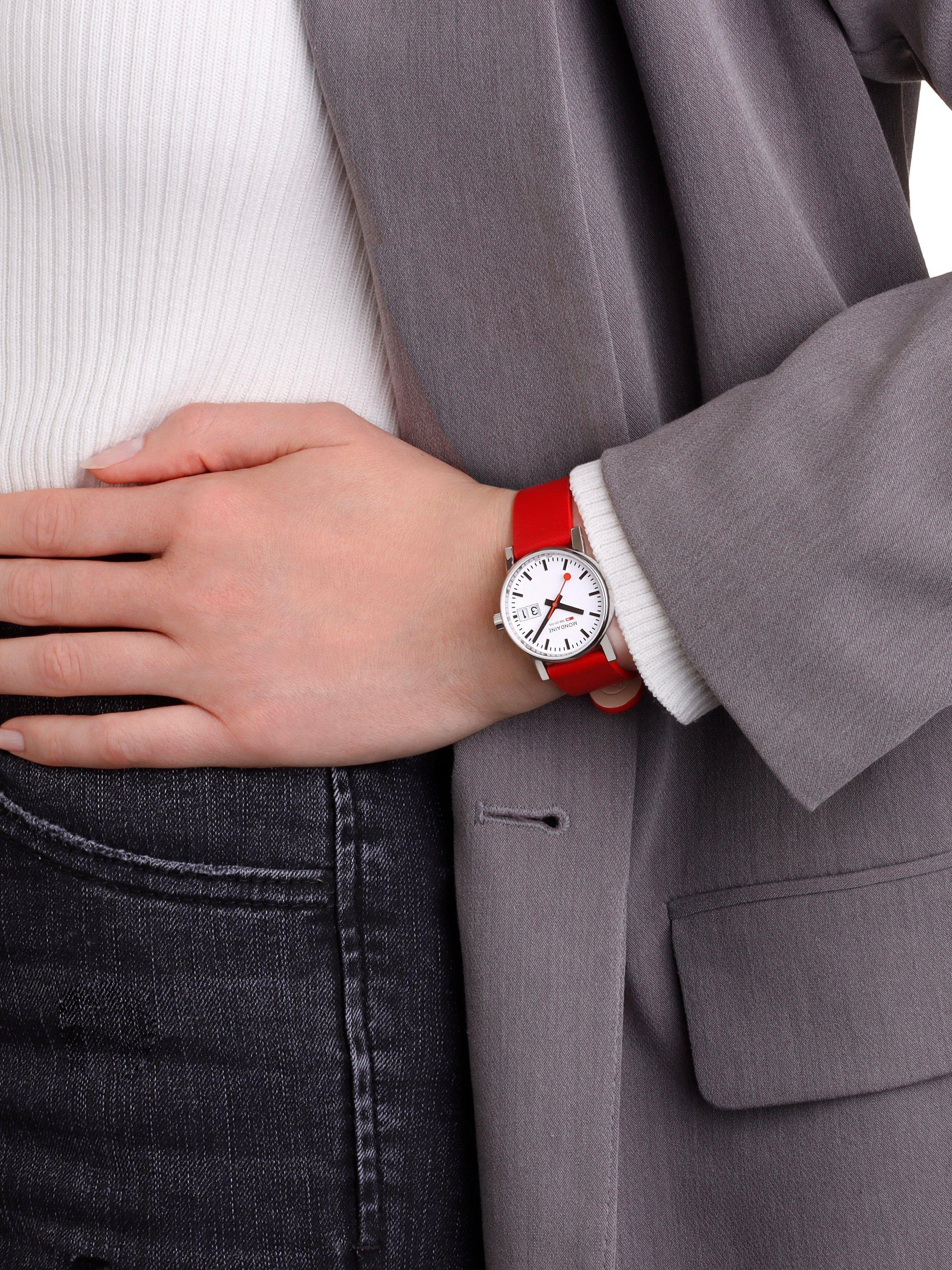 Product image 9 of 10, which shows Mondaine Women's Evo 2 Date Vegan Leather Strap Watch, Red