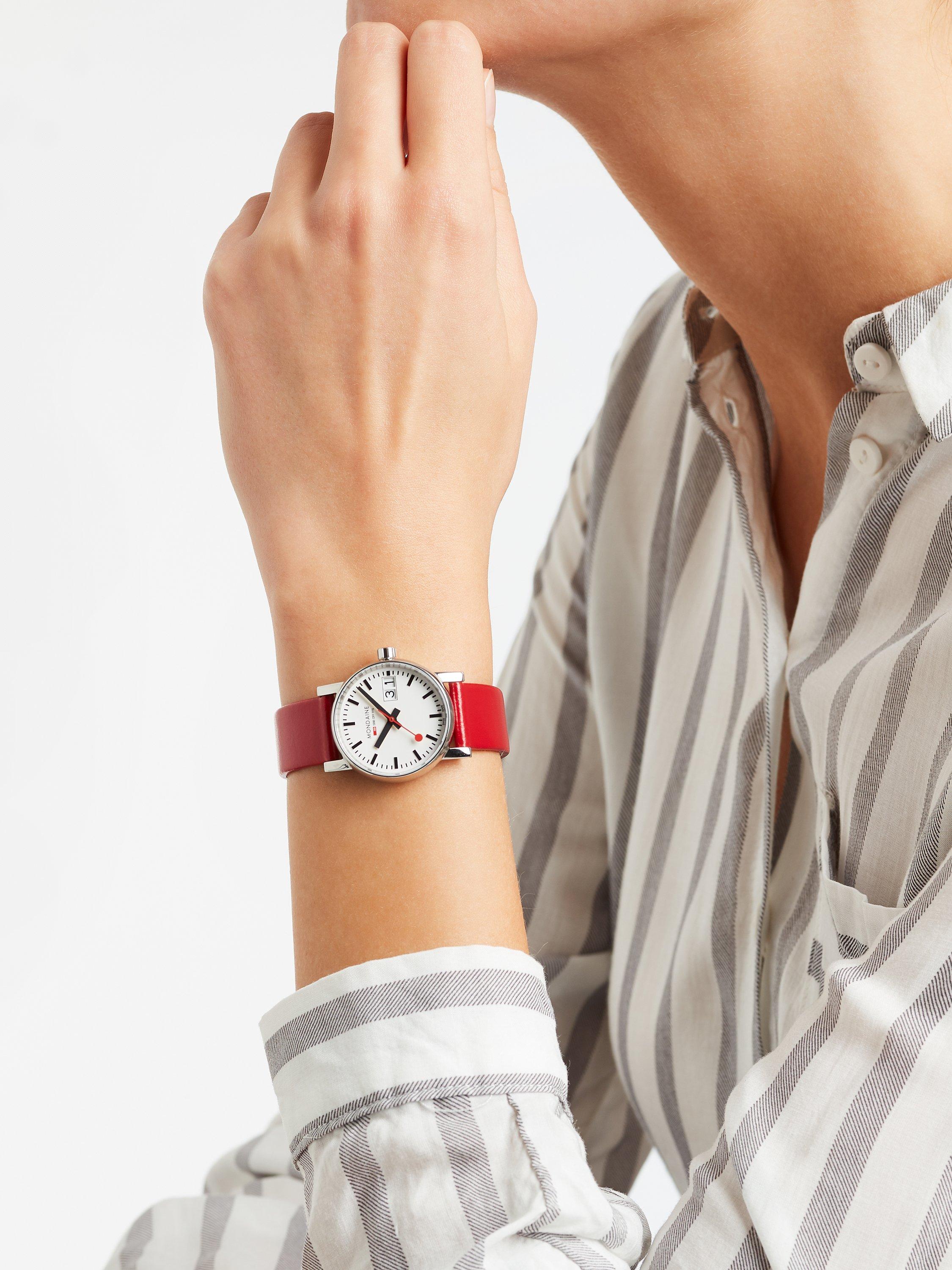 Product image 10 of 10, which shows Mondaine Women's Evo 2 Date Vegan Leather Strap Watch, Red