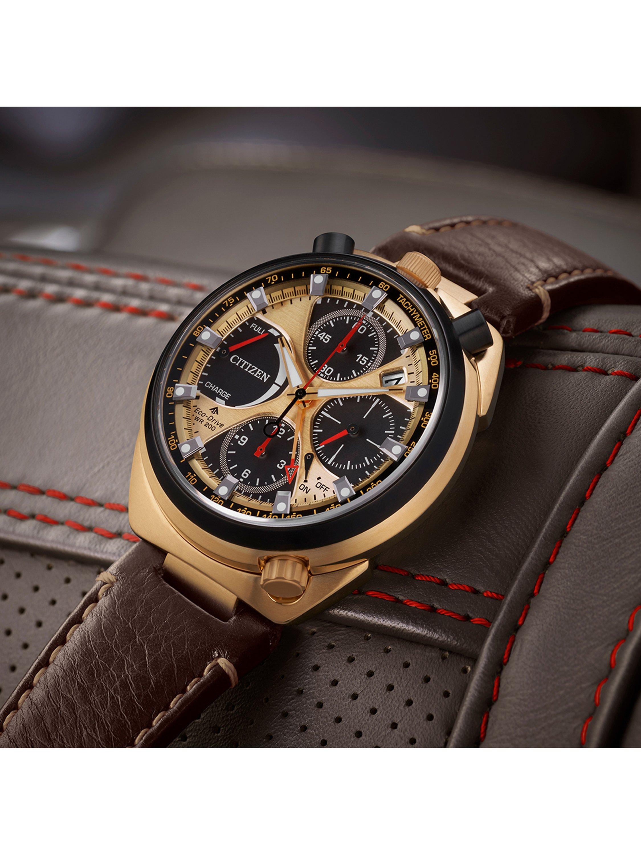 Citizen AV0072 01X Men s Promaster Bullhead Racing Eco Drive Chronograph Leather Strap Watch Gold Brown