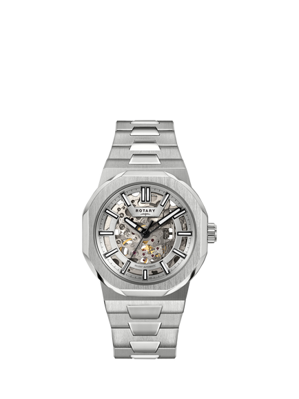 Rotary GB05495/06 Men's Regent Automatic Skeleton Dial Bracelet Strap Watch, Silver, Silver