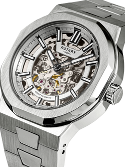 Rotary GB05495/06 Men's Regent Automatic Skeleton Dial Bracelet Strap Watch, Silver - view 2, Silver