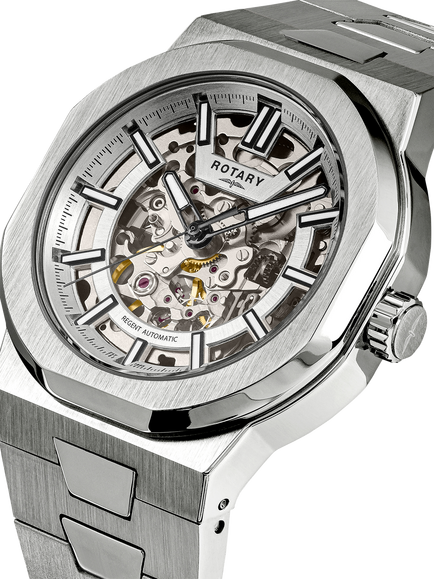 Rotary GB05495/06 Men's Regent Automatic Skeleton Dial Bracelet Strap Watch, Silver - view 2, Silver
