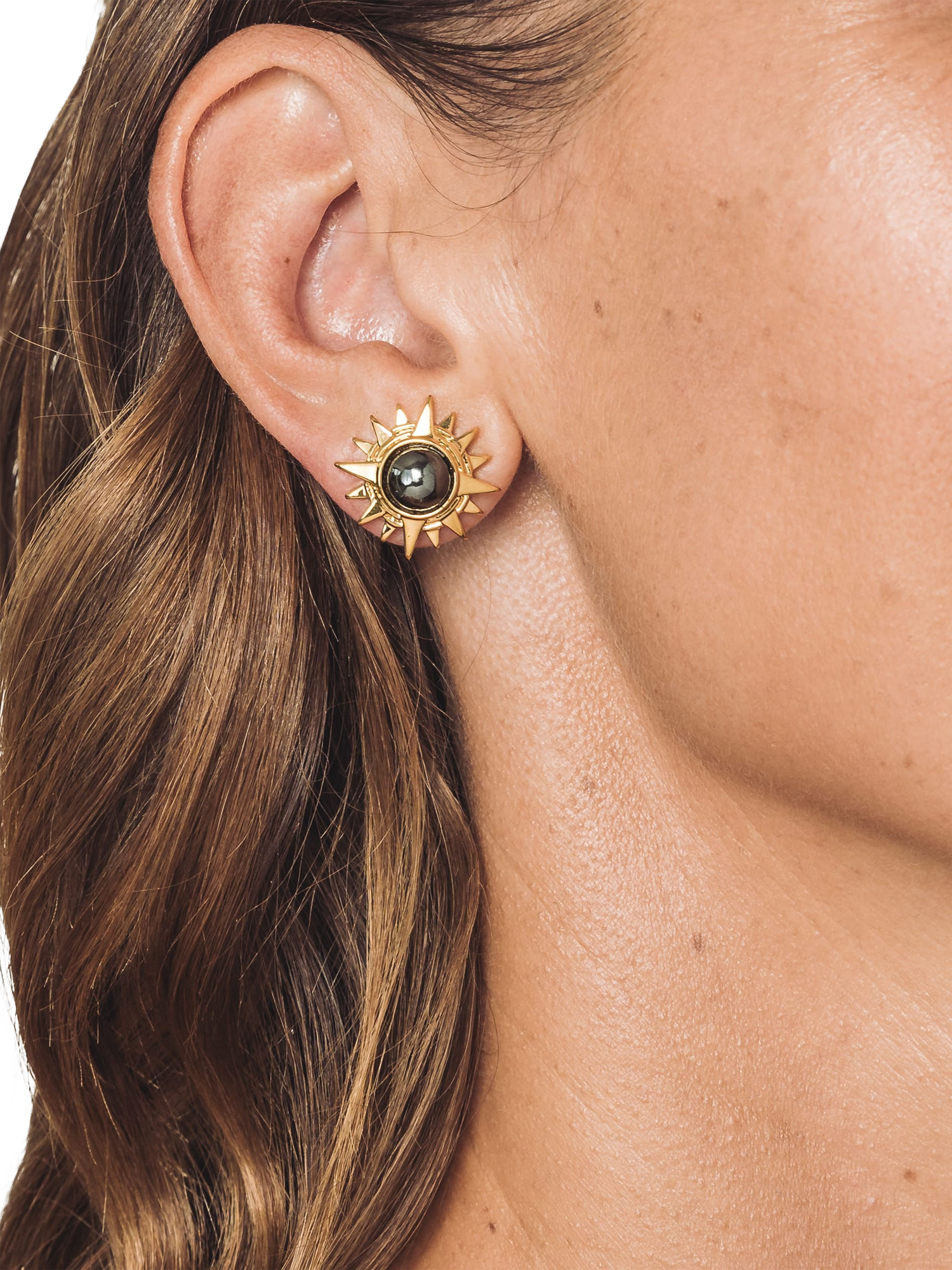 Product image 2 of 3, which shows Eclectica Pre-Loved Cabouchon Gold Plated Hematite Star of Vergina Stud Earrings, Gold