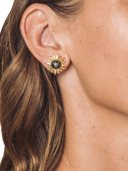Eclectica Pre-Loved Cabouchon Gold Plated Hematite Star of Vergina Stud Earrings, Gold - view 2, Gold